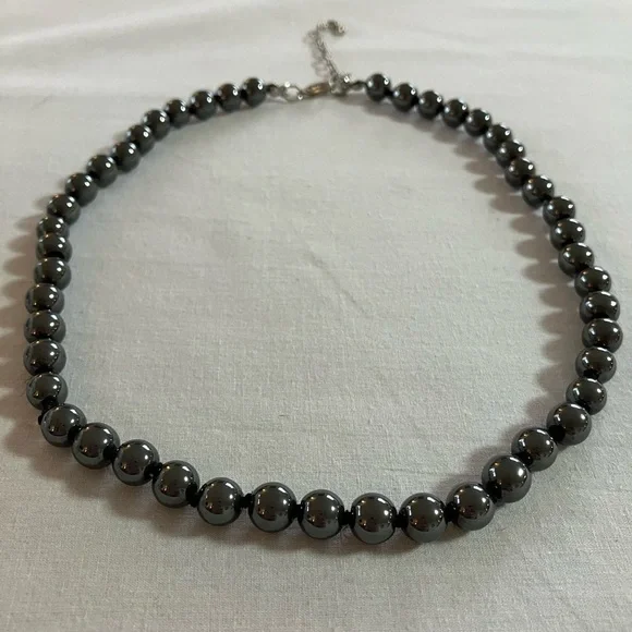 Hematite Round Beaded Necklace with Matching Drop Beaded Earrings Set - Picture 9 of 17